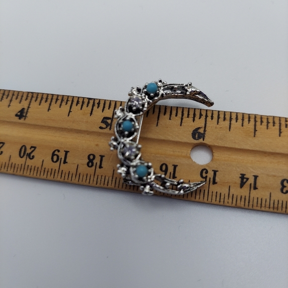 Vintage Silvertone Brooch w/ Clear Rhinestones & Turquoise Beads. VGC & Pretty! - Picture 7 of 11